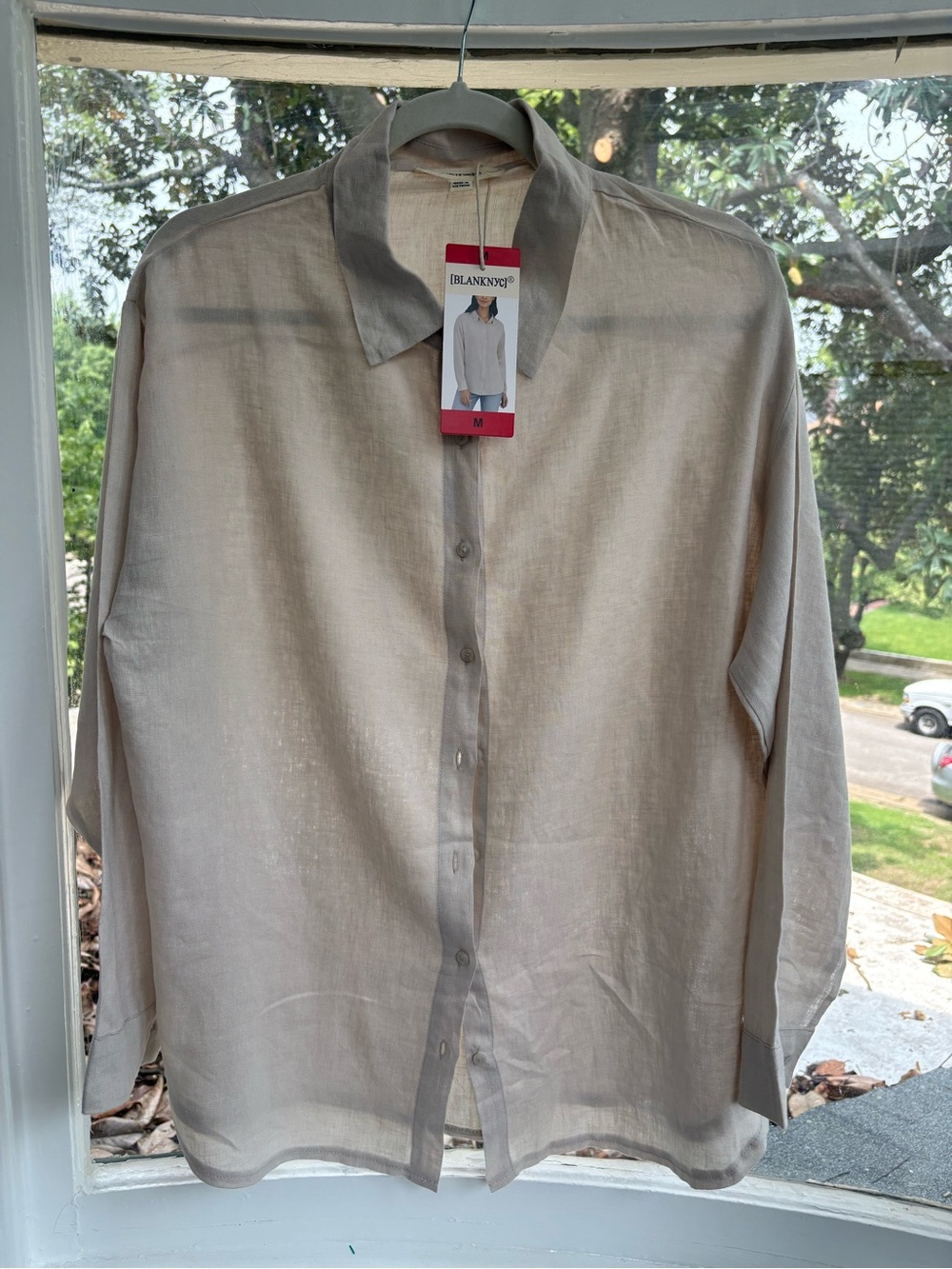 Blank NYC Women’s Beige Button-Down Linen Shirt-NWTO Size Medium